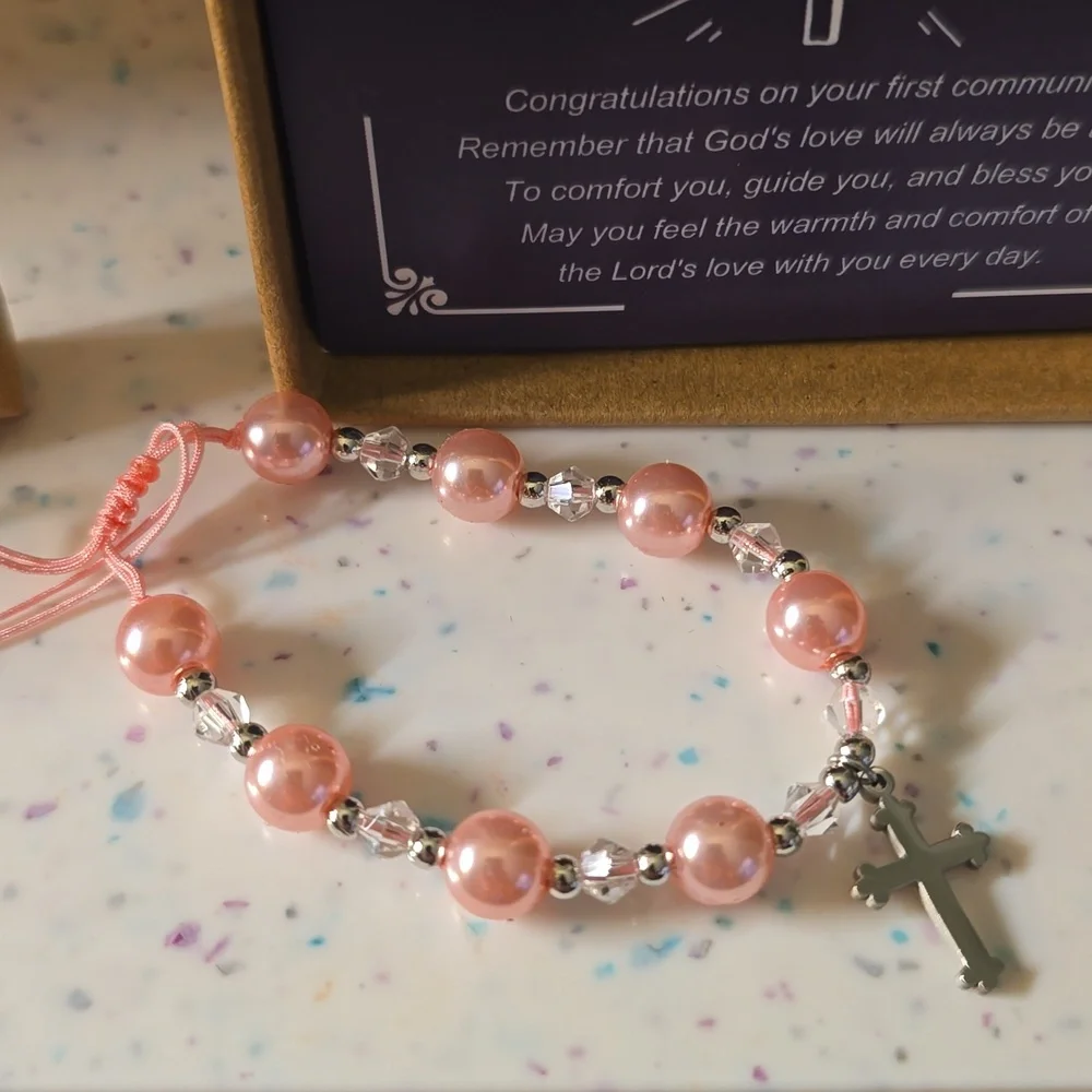 Pink Beaded Happy First Communion Bracelet with Cross Charm In  Gift Box New